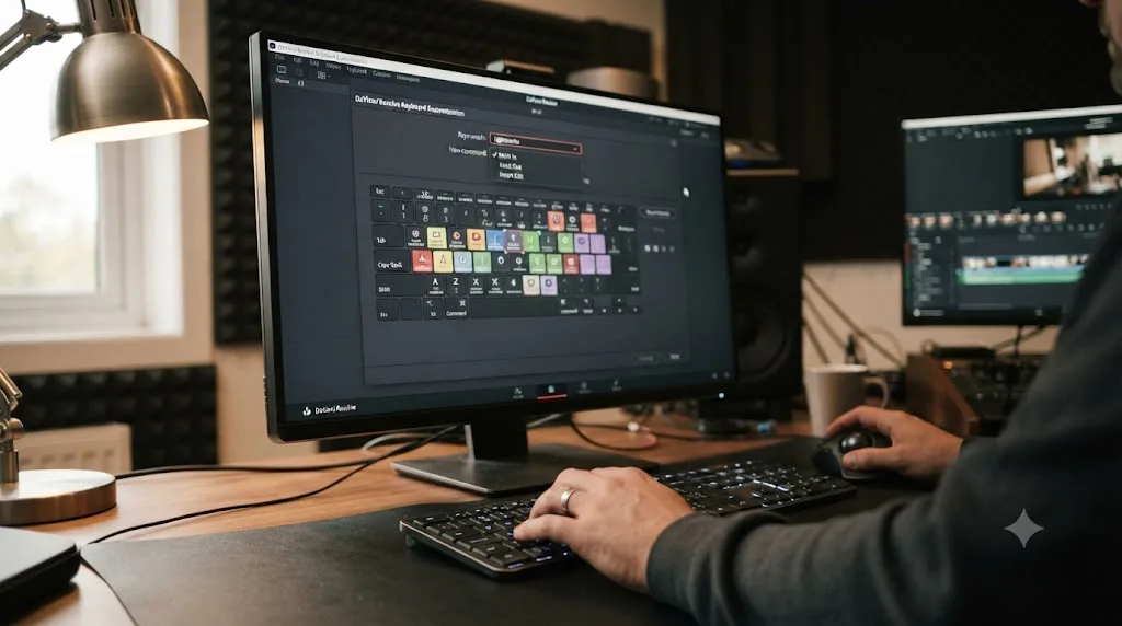 Illustration of the DaVinci Resolve Keyboard Customization panel with shortcuts being remapped