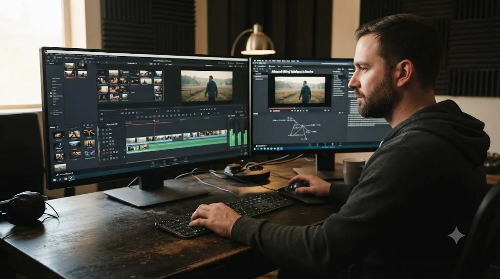 Illustration of an editor learning DaVinci Resolve with a project open alongside a training resource