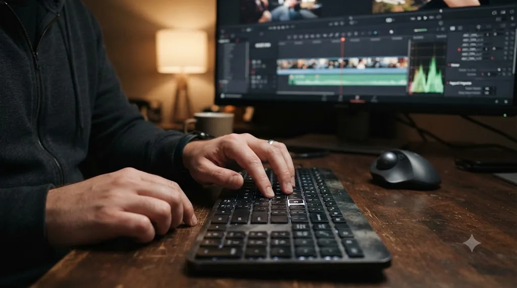 Illustration of hands using keyboard-driven JKL trim controls in a video editor