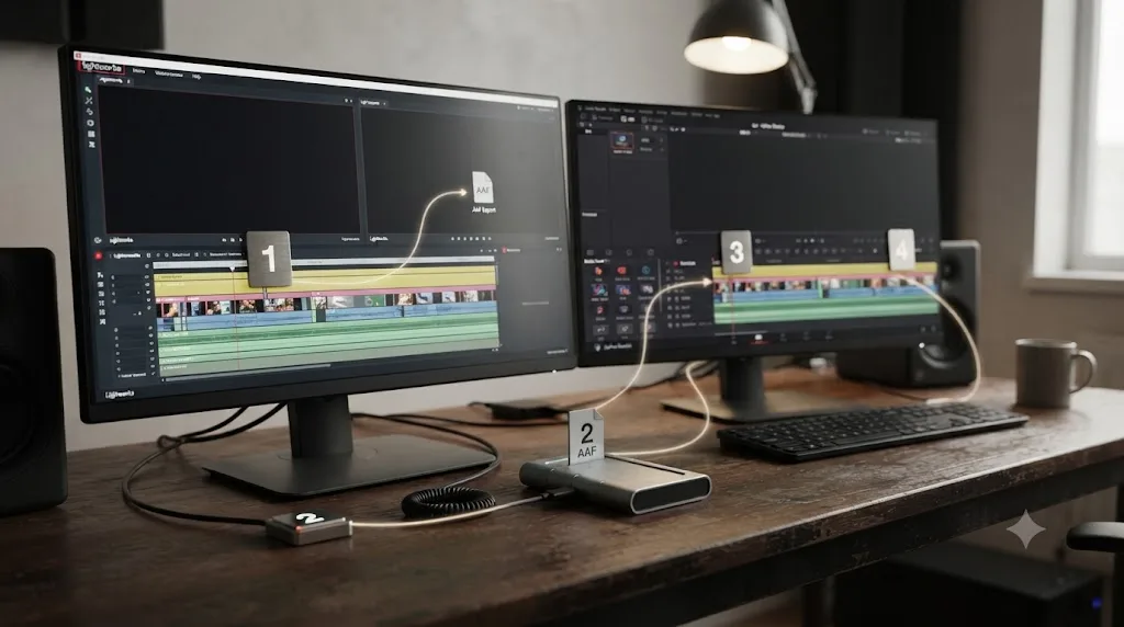 Illustration of a numbered workflow diagram moving a Lightworks project into DaVinci Resolve via AAF export