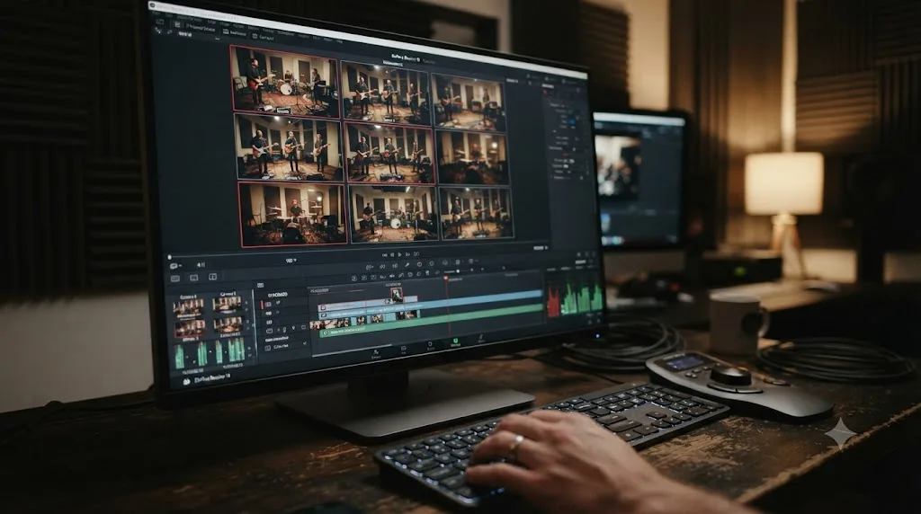 Illustration of a multicam angle grid synced on the DaVinci Resolve Cut page