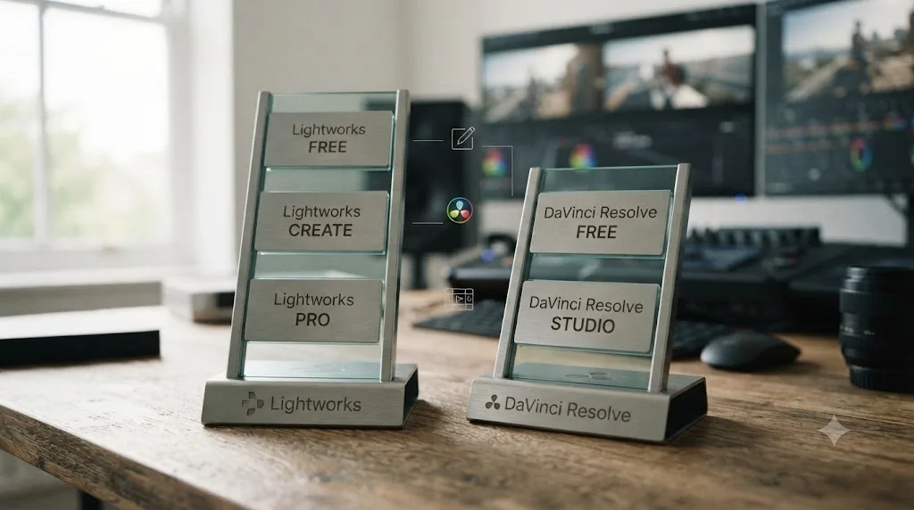 Illustration of a pricing comparison ladder between Lightworks and DaVinci Resolve tiers