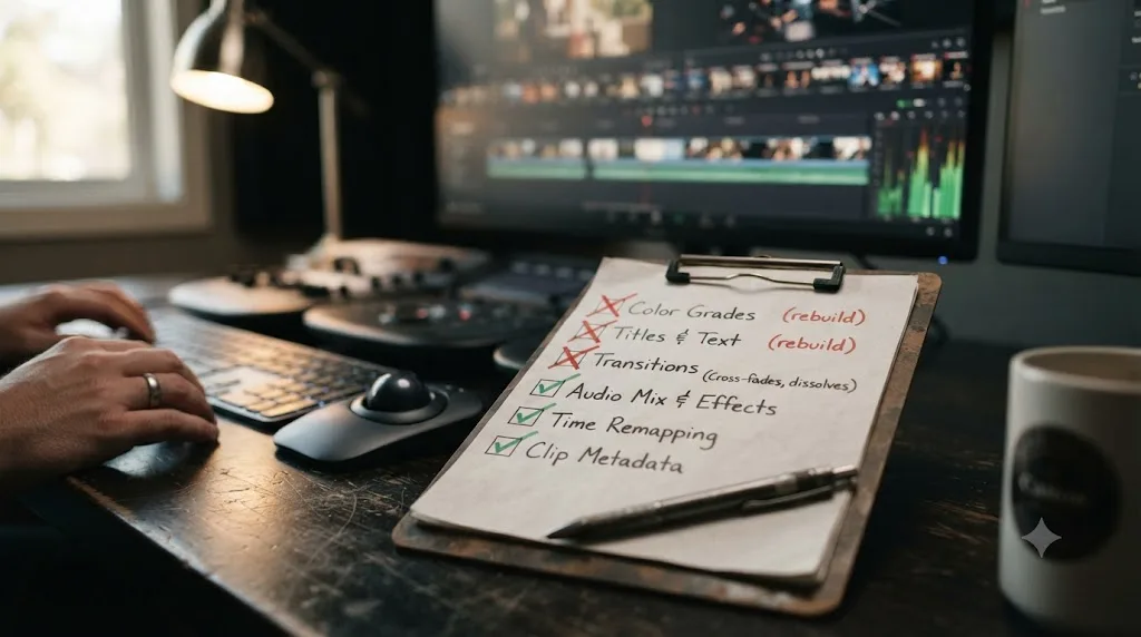 Illustration of a checklist showing what needs to be rebuilt after moving a project from Lightworks to DaVinci Resolve