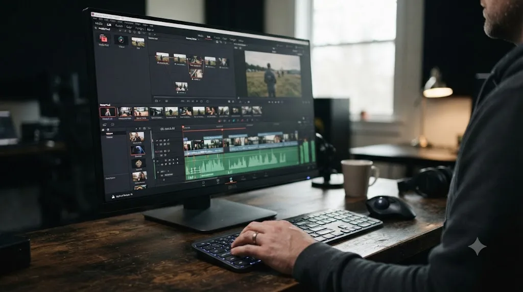 Illustration of DaVinci Resolve's edit, color, audio, and effects pages shown as tabs in one project