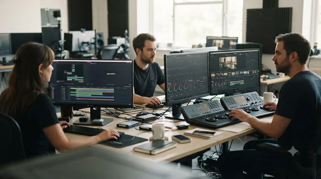 Illustration of editors at workstations comparing Lightworks and DaVinci Resolve on their monitors