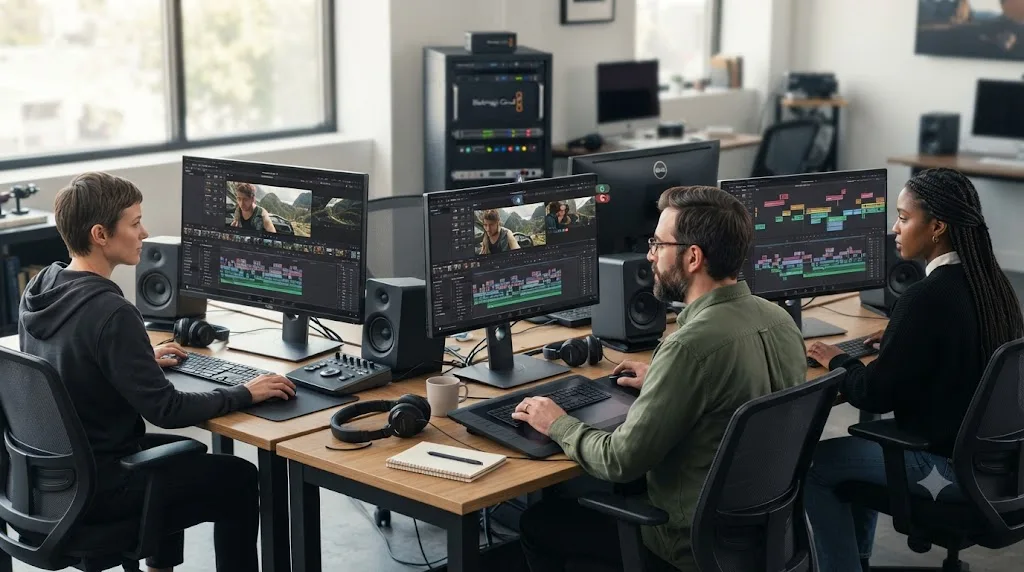 Illustration of multiple editors collaborating on the same DaVinci Resolve project through Blackmagic Cloud