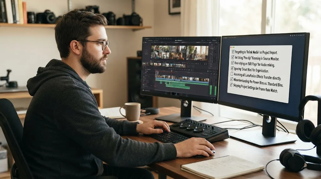 Illustration of a checklist of common mistakes when switching from LumaFusion to DaVinci Resolve