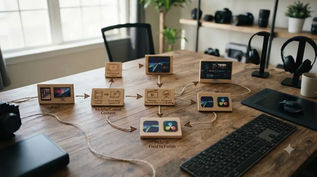 Illustration of a decision flowchart for choosing between LumaFusion and DaVinci Resolve based on device and content needs