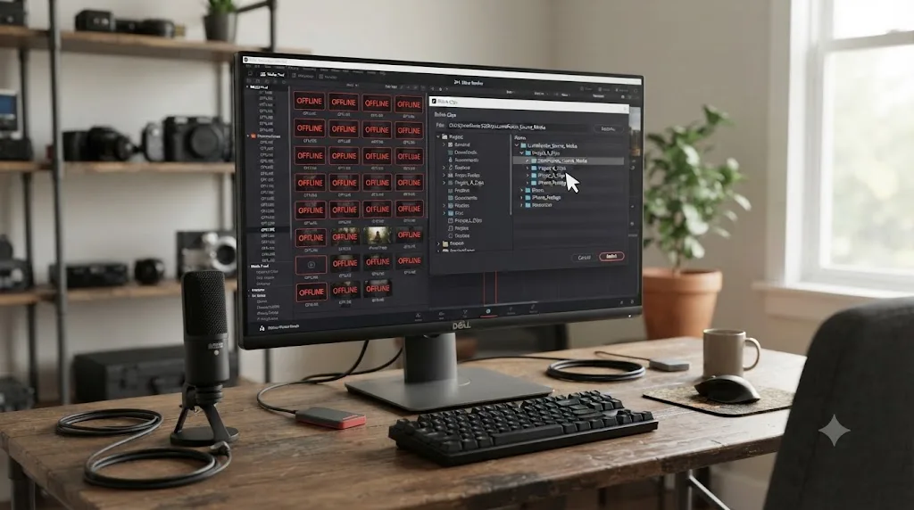 Illustration of a DaVinci Resolve Media Pool relink dialog fixing offline clips after a LumaFusion FCPXML import