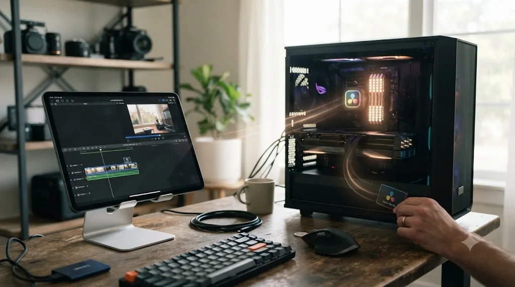 Illustration comparing an iPad running LumaFusion to a desktop computer's RAM and GPU requirements for DaVinci Resolve