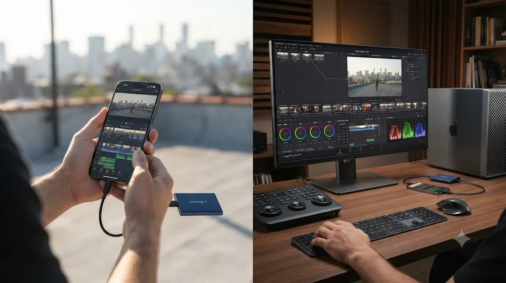 Illustration of a hybrid workflow with LumaFusion handling a field edit and DaVinci Resolve handling the desktop finish