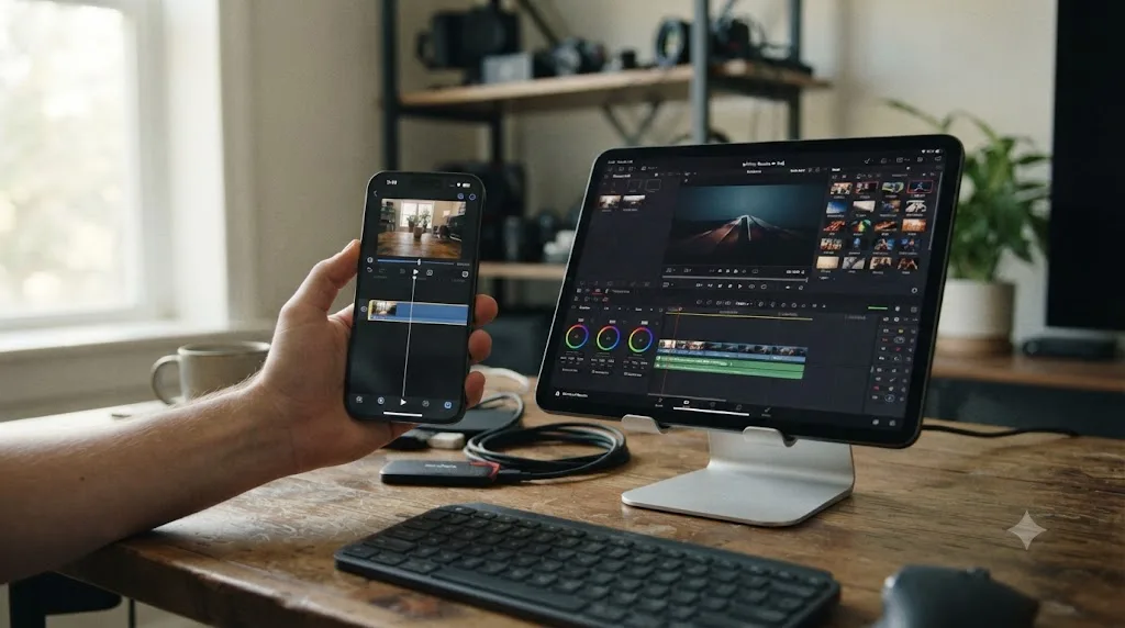 Illustration of an iPhone running LumaFusion beside an iPad running DaVinci Resolve, showing the platform gap between the two apps