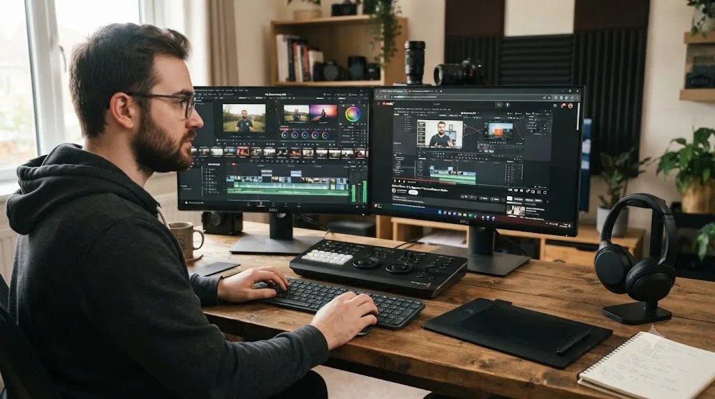Illustration of a switcher learning DaVinci Resolve with a project open alongside a training resource
