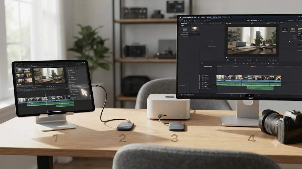Illustration of a numbered workflow diagram moving a LumaFusion project into DaVinci Resolve via XML export