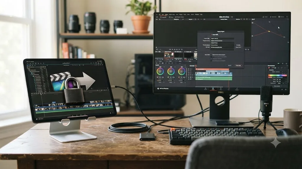 Illustration of a locked LumaFusion export icon pointing toward a DaVinci Resolve import dialog
