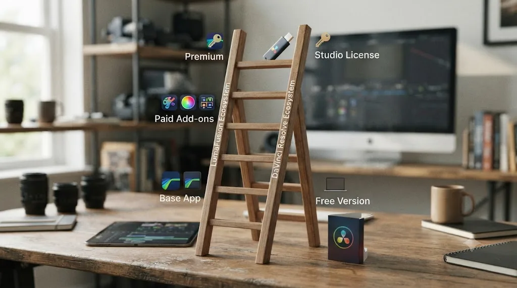 Illustration of a pricing comparison ladder between LumaFusion's add-ons and DaVinci Resolve's tiers