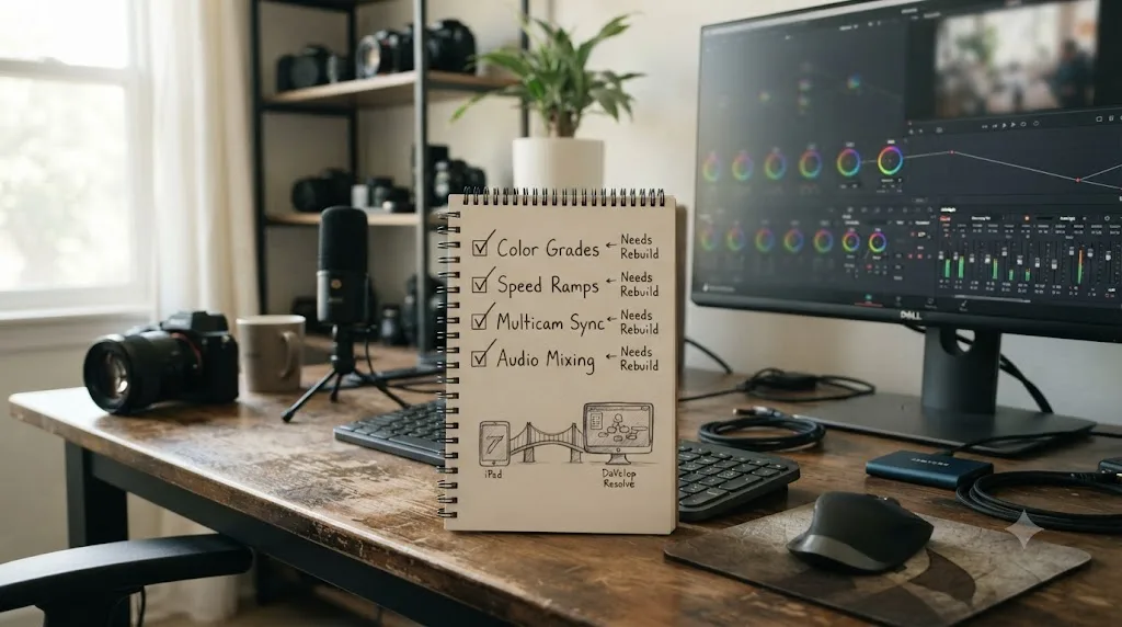 Illustration of a checklist showing what needs to be rebuilt after moving a project from LumaFusion to DaVinci Resolve