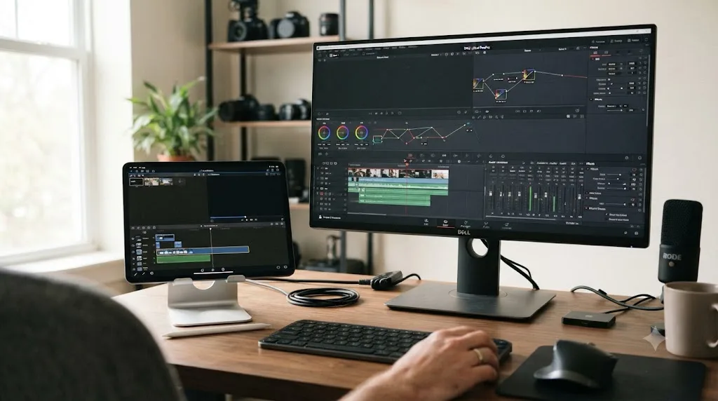Illustration of DaVinci Resolve's edit, color, audio, and effects pages compared to LumaFusion's simpler mobile interface