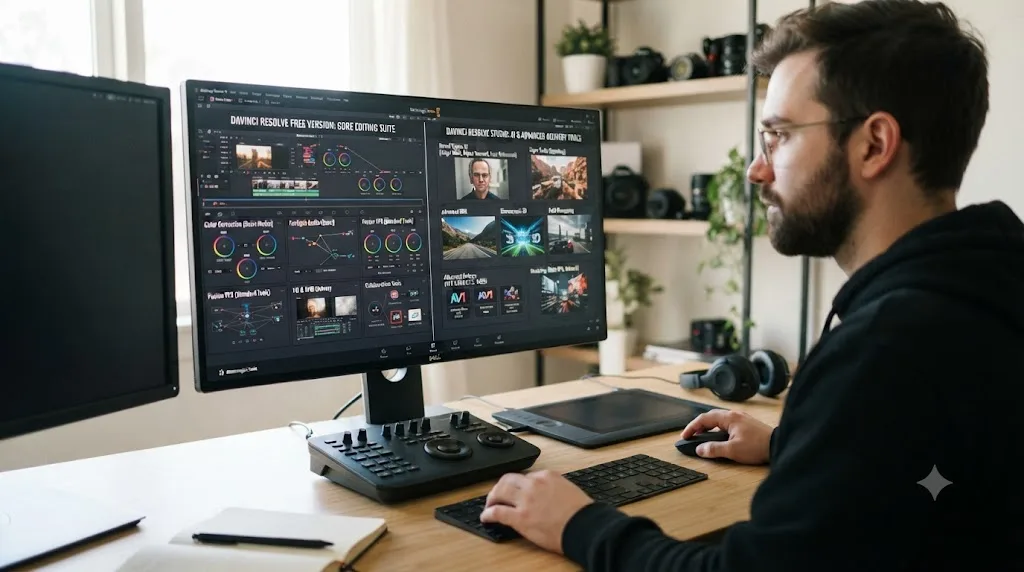 Illustration of a comparison chart between DaVinci Resolve's free version and Studio-exclusive features