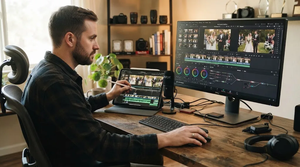 Illustration of an editor working on an iPad with LumaFusion open beside a desktop running DaVinci Resolve