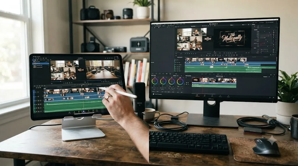 Illustration of a LumaFusion multicam timeline being rebuilt as a synced, graded DaVinci Resolve timeline