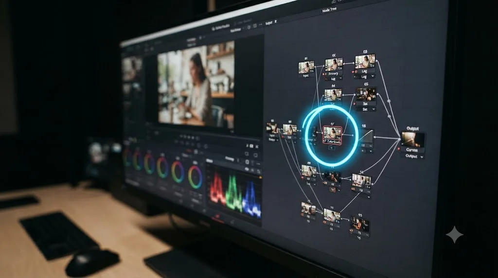 Illustration of a DaVinci Resolve node tree with a specific node circled by an AI tutor