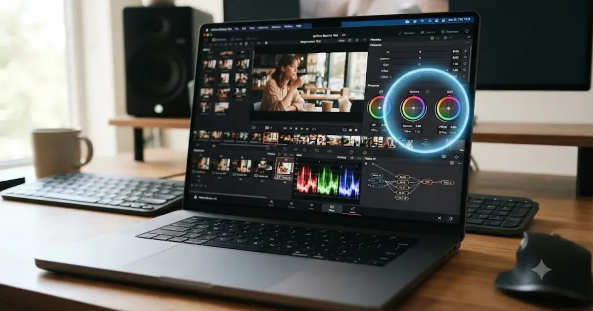 Illustration of an AI tutor overlay circling a control inside a DaVinci Resolve window on a Mac screen