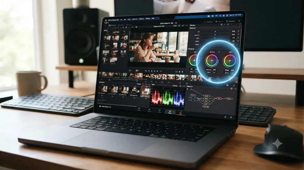 Illustration of an AI tutor overlay circling a control inside DaVinci Resolve on a Mac screen