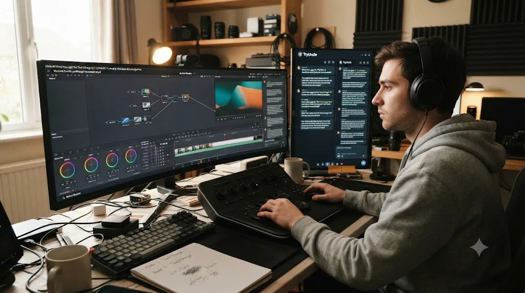 Illustration connecting constructionist learning theory to a hands-on AI tutoring session in DaVinci Resolve