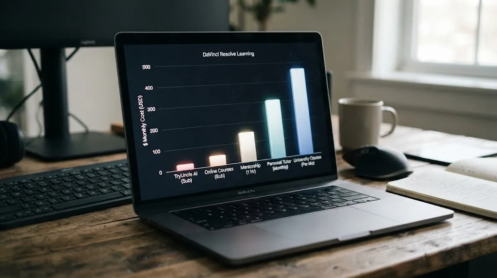 Illustration of a pricing comparison chart across different DaVinci Resolve learning options