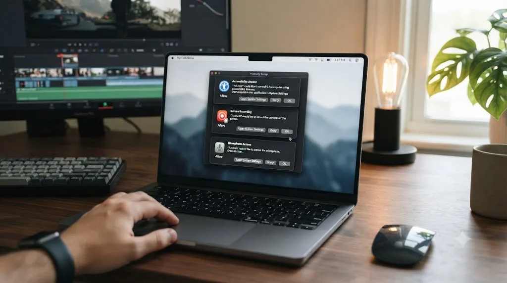 Illustration of macOS permission dialogs during setup of a screen-aware AI tutor app