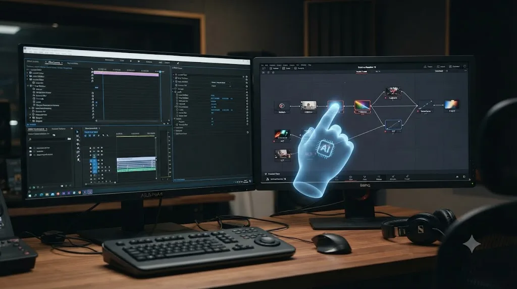 Illustration comparing a Premiere Pro effect stack with a DaVinci Resolve node tree and an AI tutor pointer