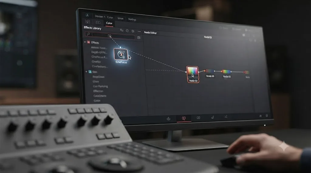 Illustration of the CineFocus effect being dragged from the Effects Library onto a color grading node