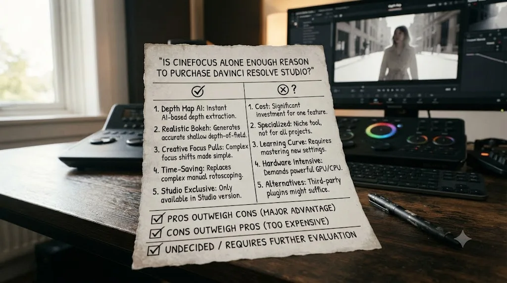 Illustration of a checklist weighing whether the CineFocus effect alone justifies a DaVinci Resolve Studio purchase