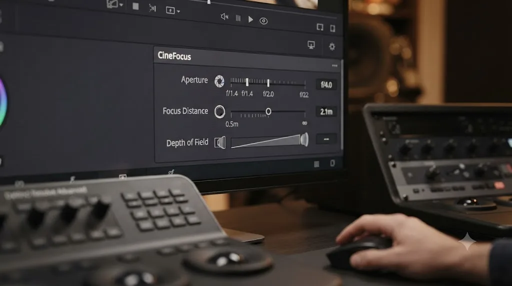 Illustration of the CineFocus control panel with aperture, focus distance, and depth of field sliders