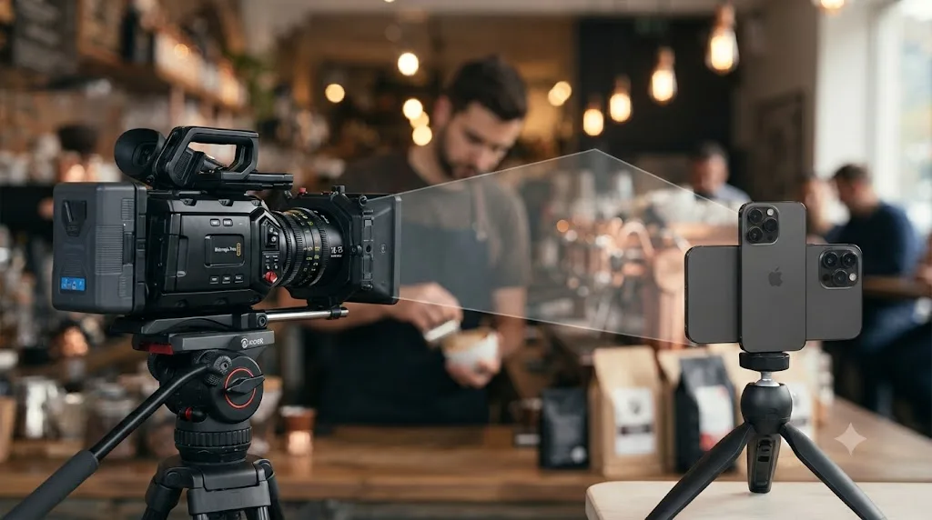 Illustration comparing a phone's deep focus with a cinema camera's shallow depth of field