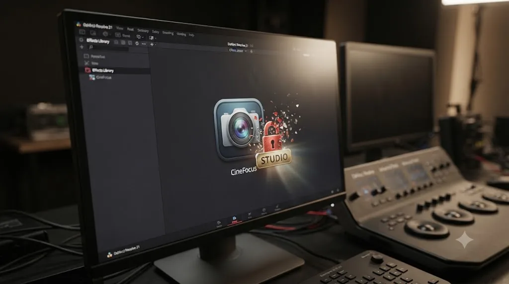 Illustration of the CineFocus effect locked behind a DaVinci Resolve Studio badge