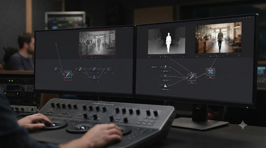 Illustration comparing a Magic Mask node isolating a person with a CineFocus node blurring by depth