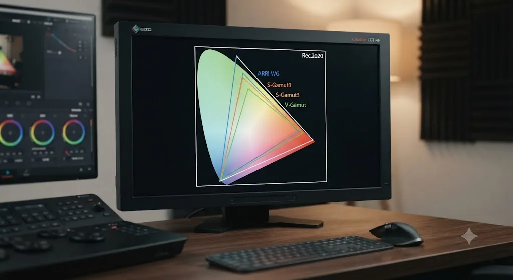 Illustration of a chromaticity diagram comparing multiple camera-native color gamut triangles against the Rec.2020 gamut triangle