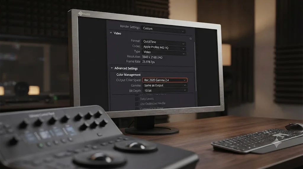Illustration of the DaVinci Resolve Deliver page render settings panel showing codec, bit depth, and output color space options together