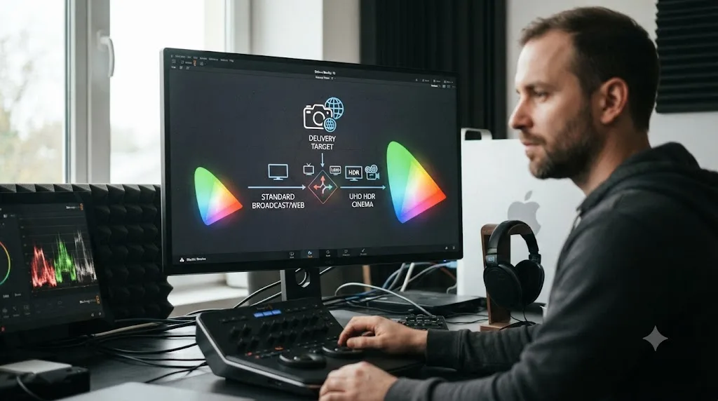 Illustration of a decision tree choosing between Rec.709 and Rec.2020 output color space in DaVinci Resolve based on delivery target