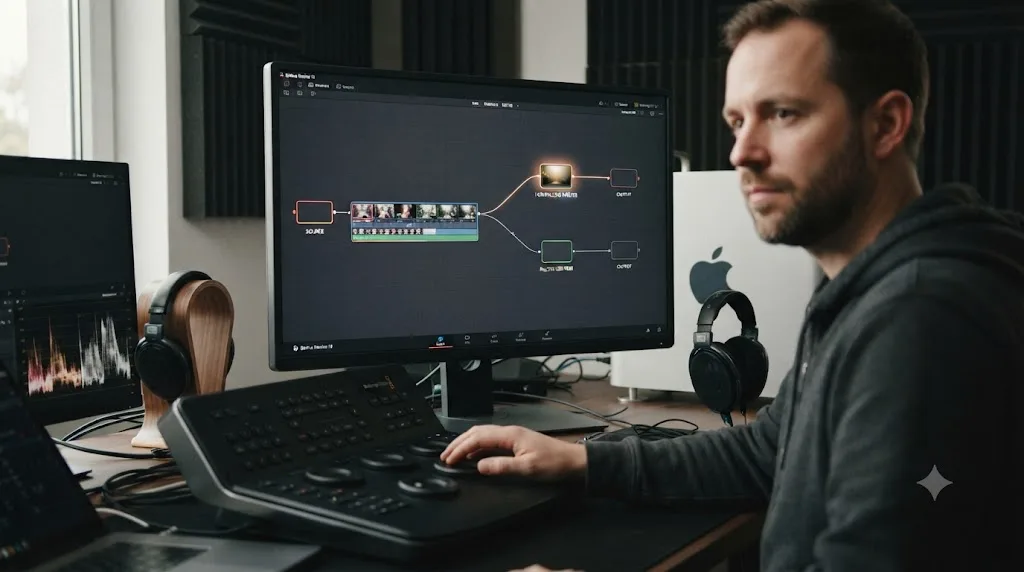 Illustration of a DaVinci Resolve timeline branching into an HDR Rec.2100 master output and a Rec.709 SDR trim pass output from the same grade