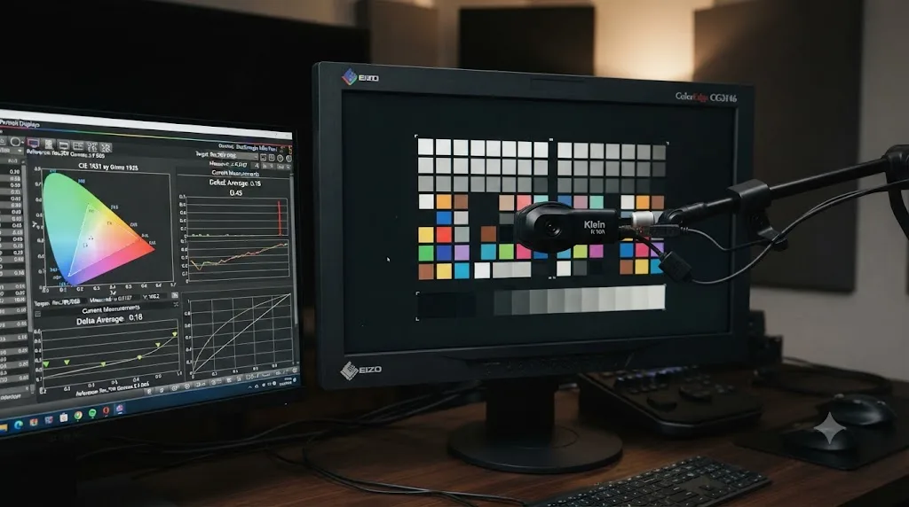 Illustration of a colorimeter probe calibrating a reference monitor against a test pattern with color calibration software displayed alongside