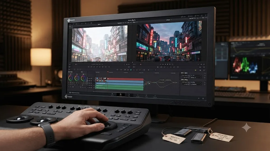 Illustration of a DaVinci Resolve timeline branching into a Rec.709 SDR export path and a Rec.2020 PQ HDR export path for different platform deliveries