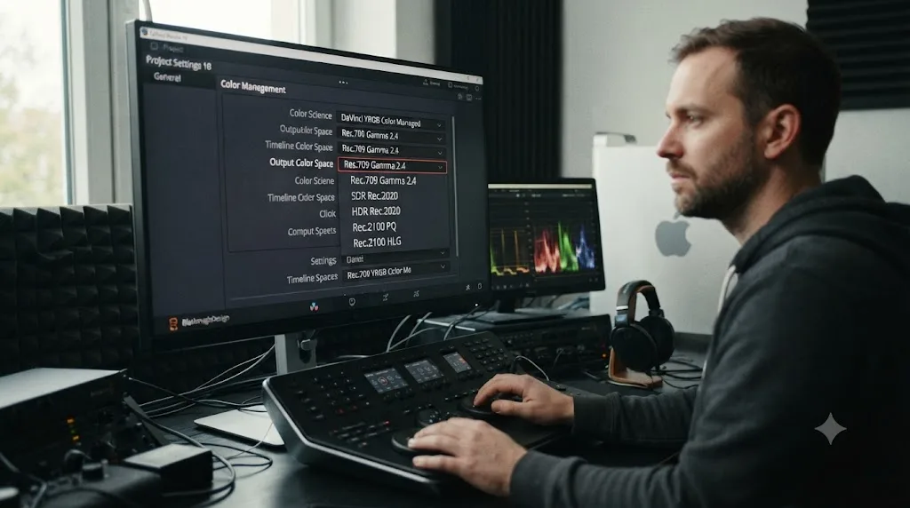 Illustration of the DaVinci Resolve Output Color Space dropdown listing Rec.709 Gamma 2.4, SDR Rec.2020, HDR Rec.2020, and Rec.2100 preset options