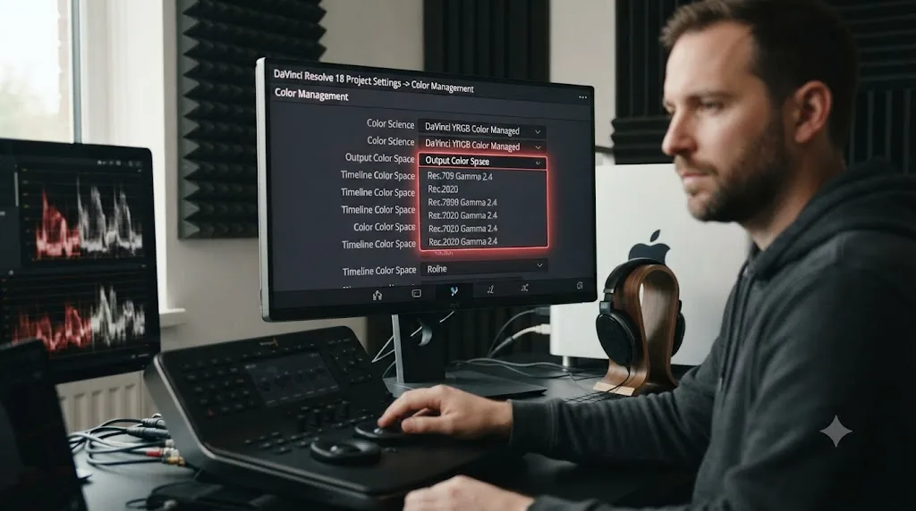 Illustration of the DaVinci Resolve Color Management project settings with Resolve Color Management enabled and the Output Color Space dropdown highlighted