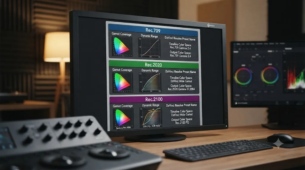 Illustration of a summary comparison card stacking Rec.709, Rec.2020, and Rec.2100 with gamut coverage, dynamic range, and DaVinci Resolve preset details