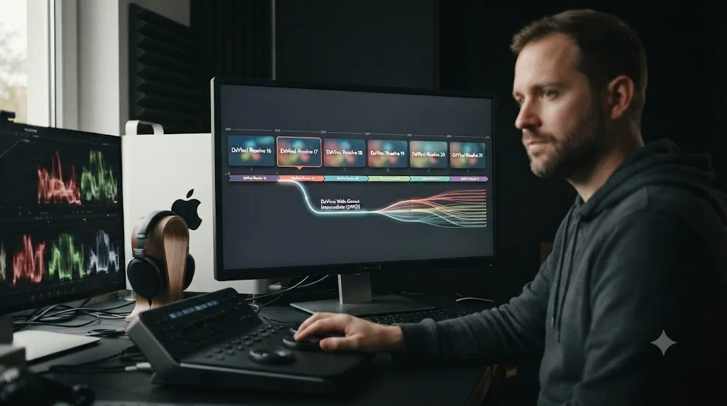 Illustration of a DaVinci Resolve version timeline showing DaVinci Wide Gamut Intermediate color space introduced starting with version 17
