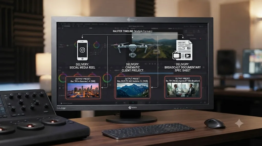 Illustration of three delivery scenarios, a social media reel, a client cinematic project, and a broadcast documentary spec sheet, each mapped to its correct DaVinci Resolve output color space preset