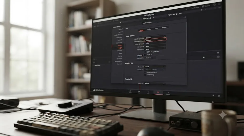 Illustration of setting the audio sample rate in DaVinci Resolve's Fairlight project settings before creating a timeline